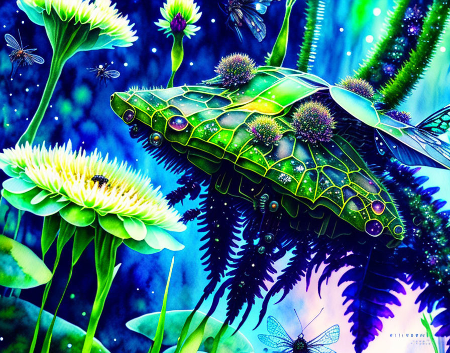 Luminescent butterfly with intricate patterns perched on neon flower in fantasy forest