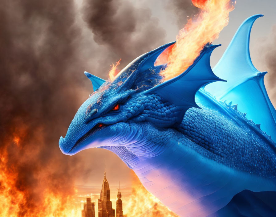 Blue dragon breathing fire over burning cityscape with smoky sky
