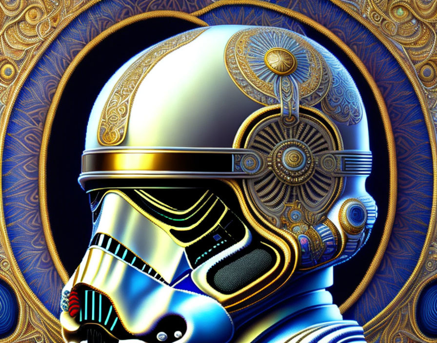 Detailed Futuristic Helmet Illustration with Gold Patterns on Blue Background