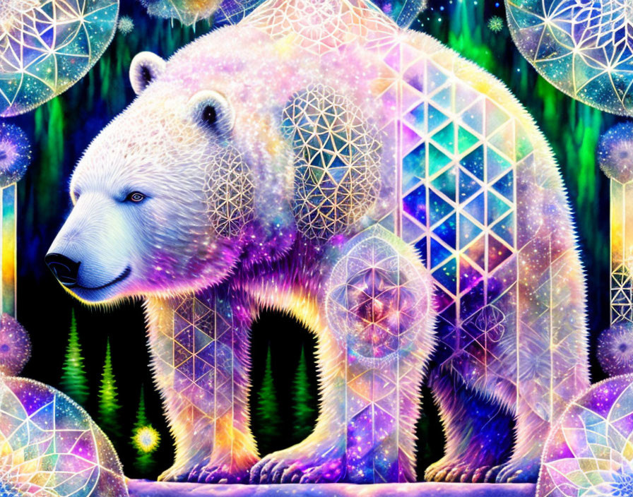 Colorful Psychedelic Bear Artwork with Fractal and Geometric Patterns