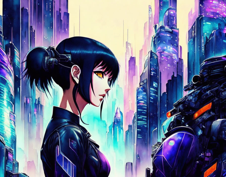 Futuristic cityscape with neon lights and stylized woman with black hair and headphones next to mechan