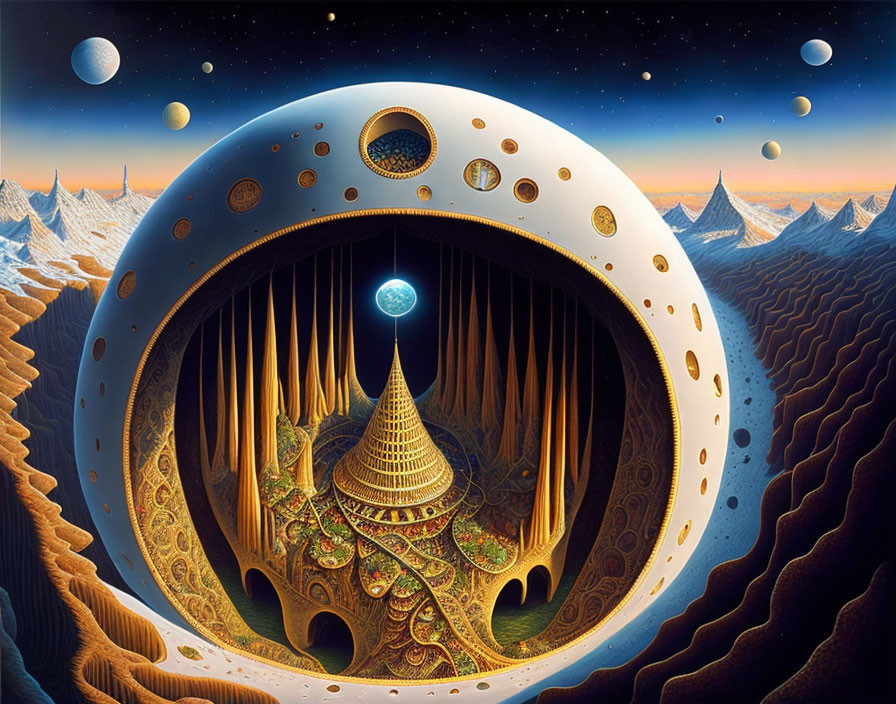 Surreal landscape with golden city sphere, mountains, and moons