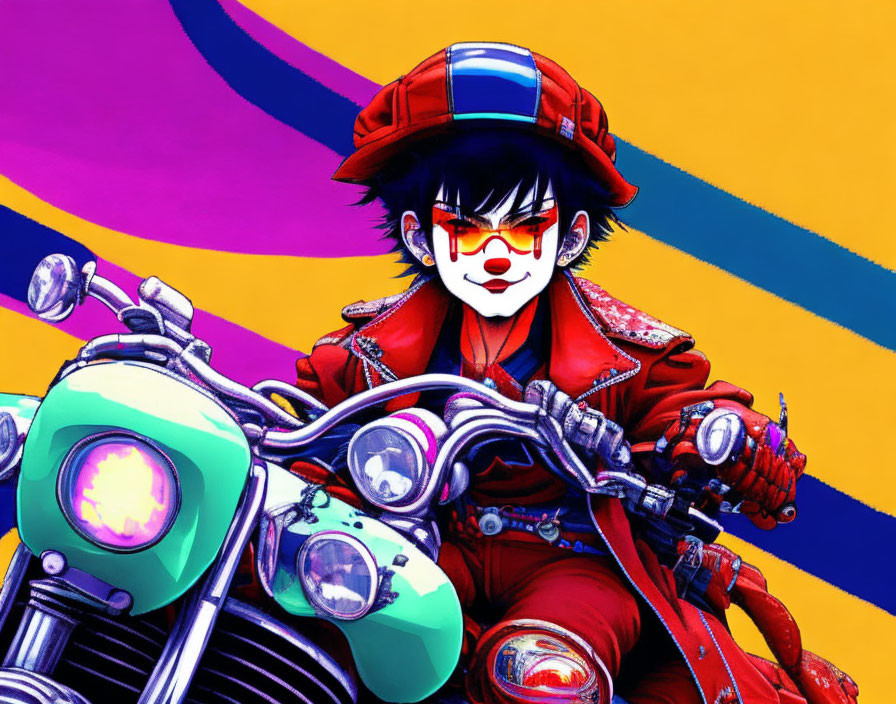 Red Jacket Animated Biker Riding Motorcycle on Colorful Background