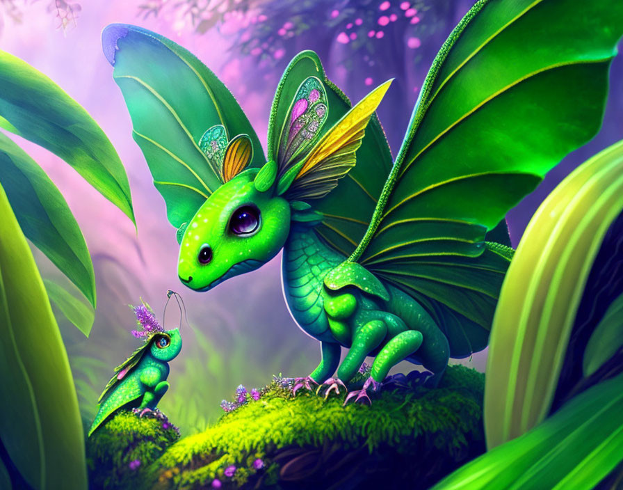 Colorful Dragon-like Creatures with Butterfly Wings in Fantasy Forest