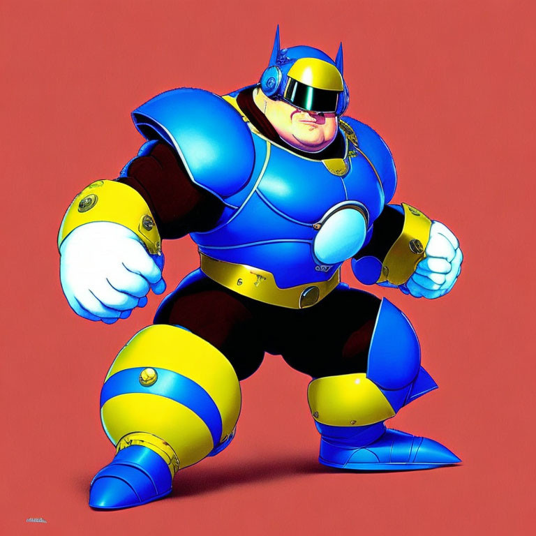 Cartoonish robot in blue and yellow armor on red background