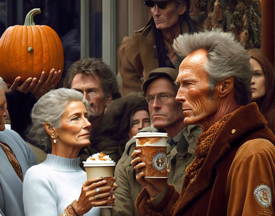 Elderly couple with coffee cups in crowded scene, man with pumpkin on head.