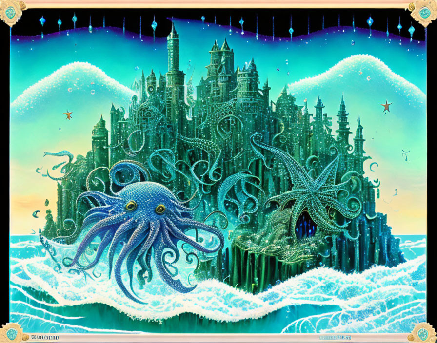 Whimsical octopus and underwater castle illustration