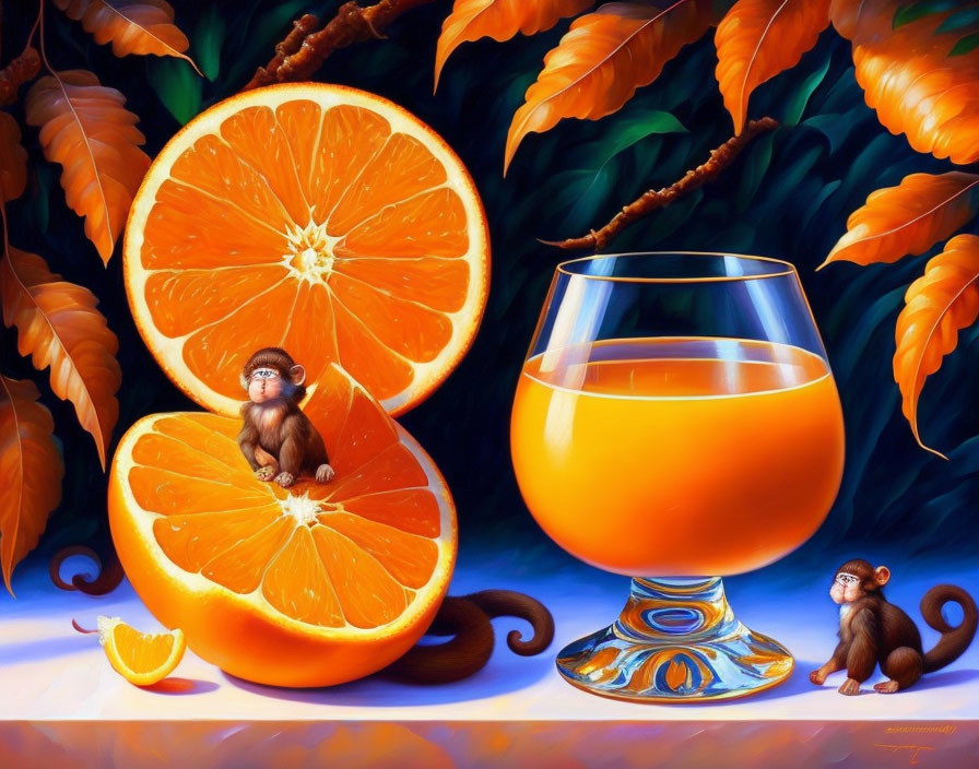Colorful illustration of monkeys with orange slices and juice in a tropical setting