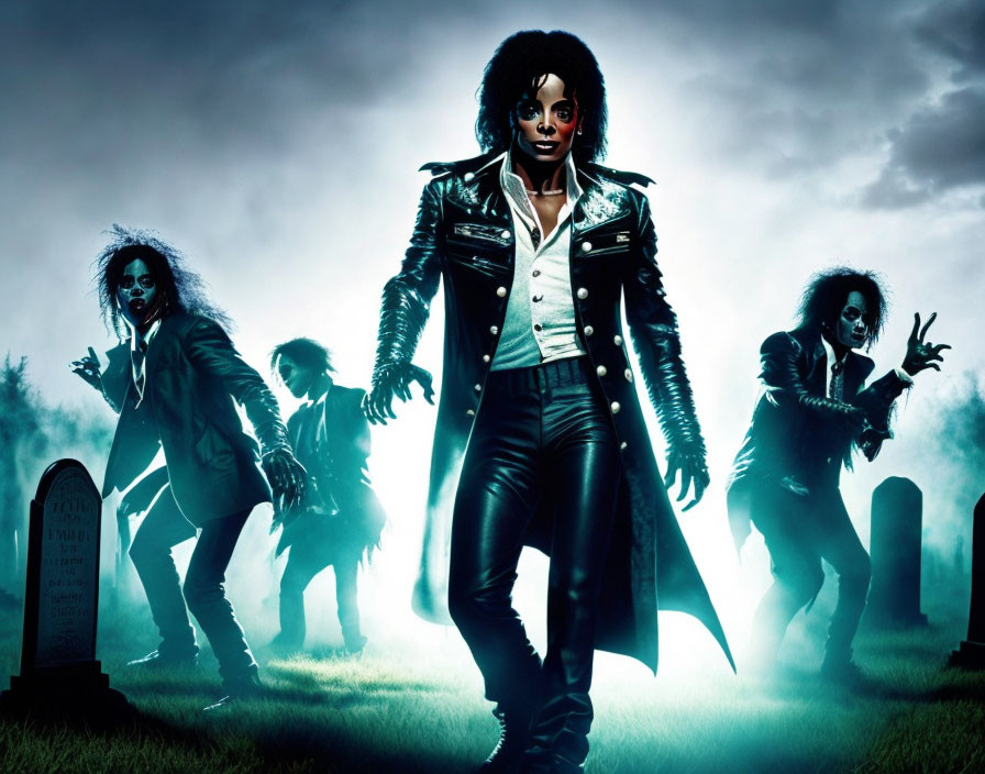 Stylized zombie characters in graveyard at night with prominent figure in leather jacket