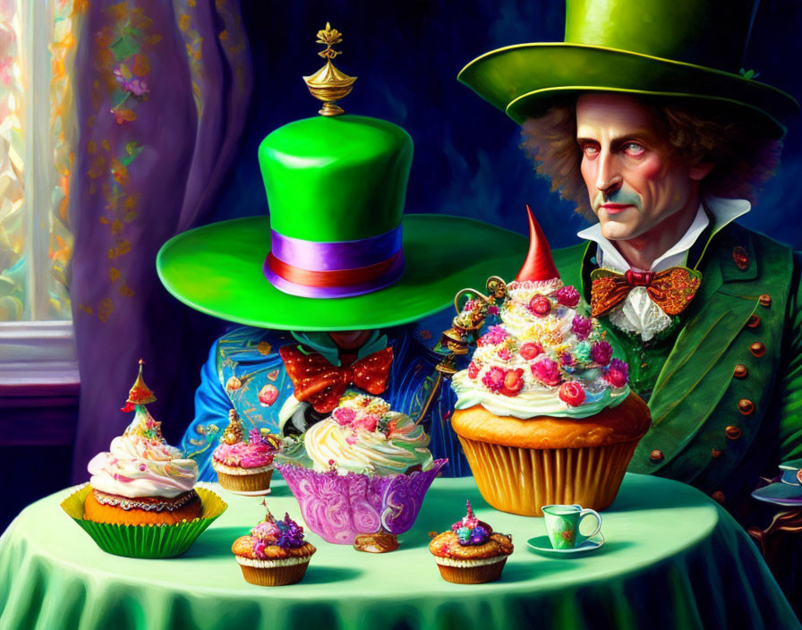 Colorful Cupcake Man with Exaggerated Green Top Hat Illustration