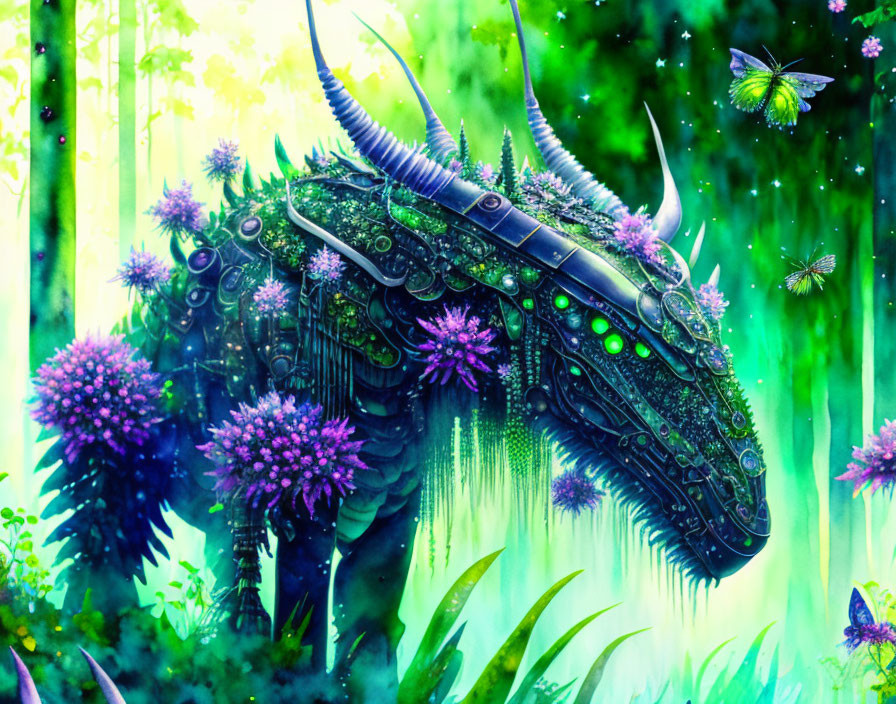 Colorful fantasy illustration: Mechanical dragon in enchanted forest with butterflies