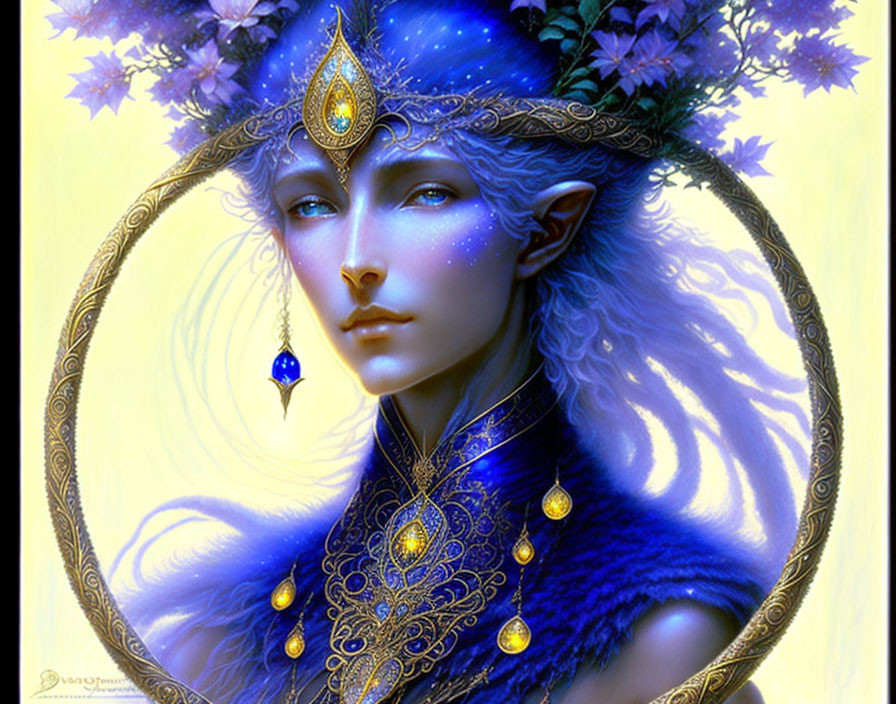 Fantasy illustration: Blue-skinned elf with golden jewelry and circlet, surrounded by gilded ring