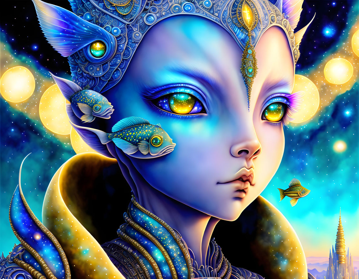 Illustration of ethereal female creature with blue eyes, headdress, and fish in starry night