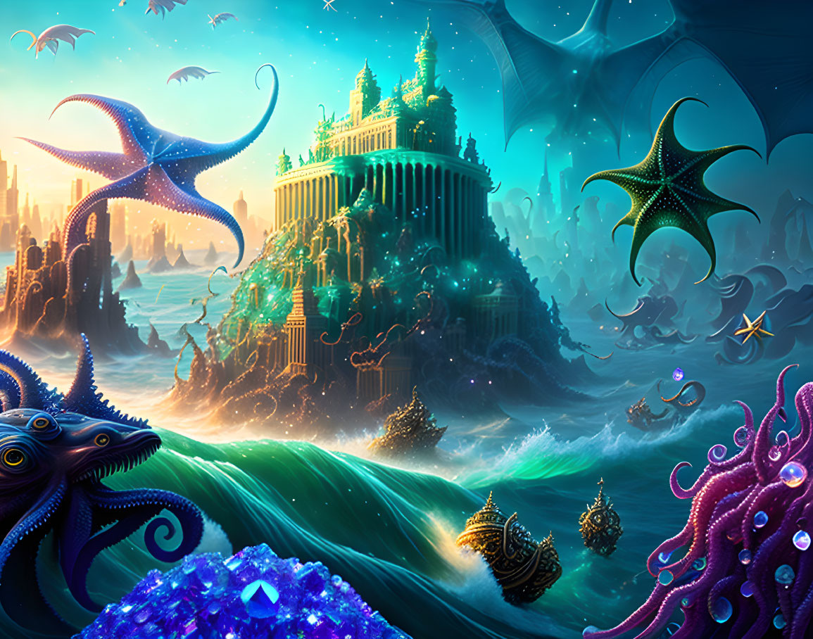 Glowing underwater cityscape with colossal octopuses and fantastical creatures