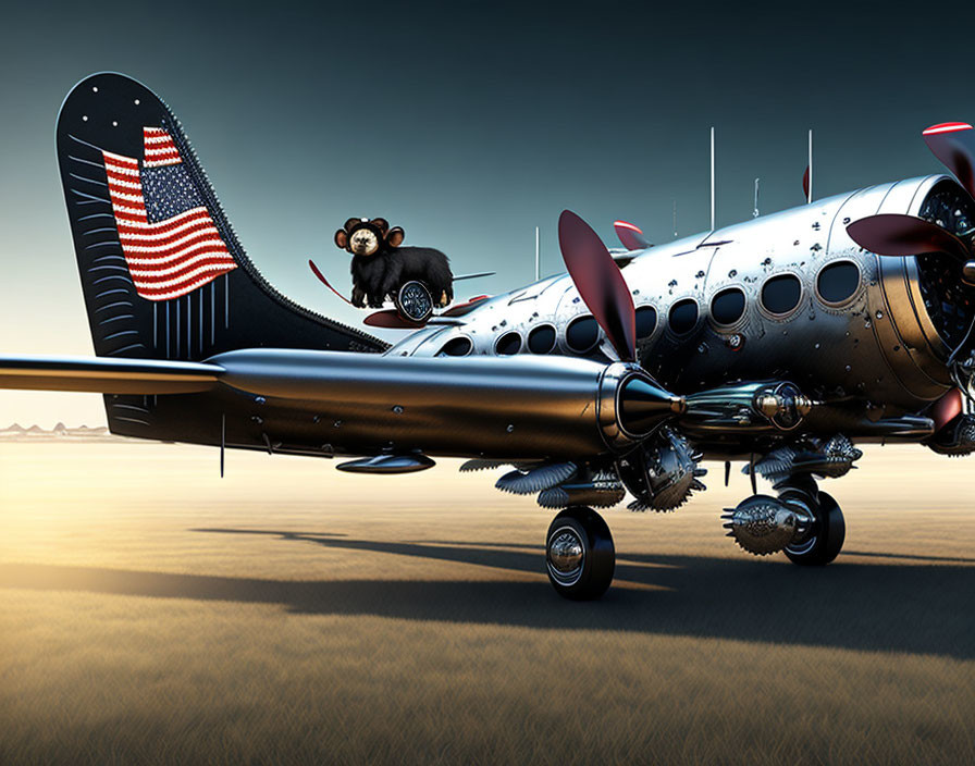 Vintage Airplane with Polished Finish and Red Propellers on Runway with Mouse Holding Flag at D