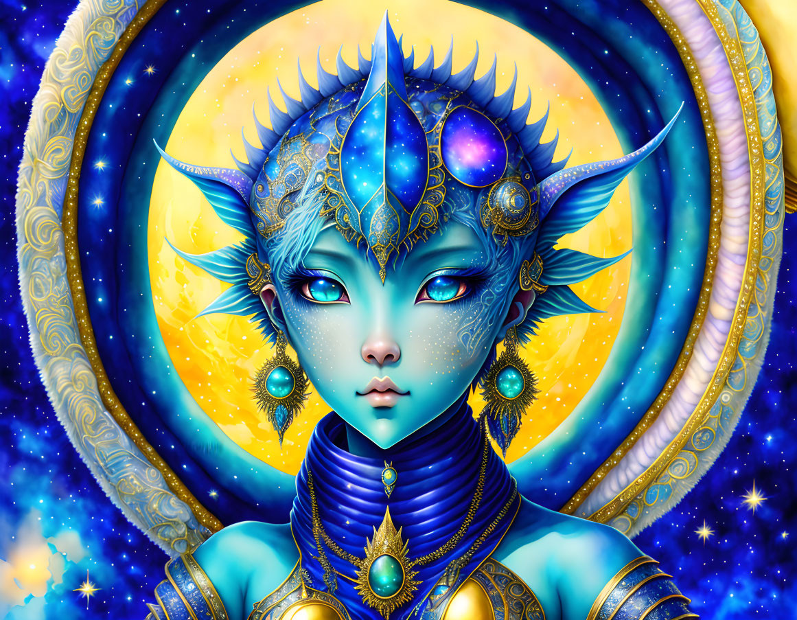 Blue-skinned fantastical being with golden headgear and celestial symbols.