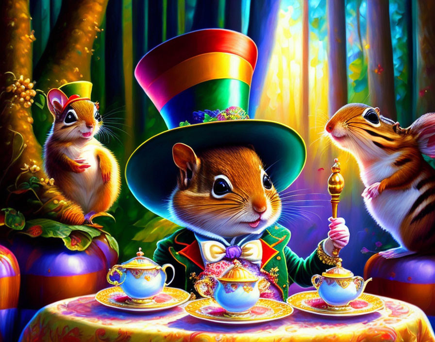 Anthropomorphic chipmunks in fancy attire at whimsical forest tea party
