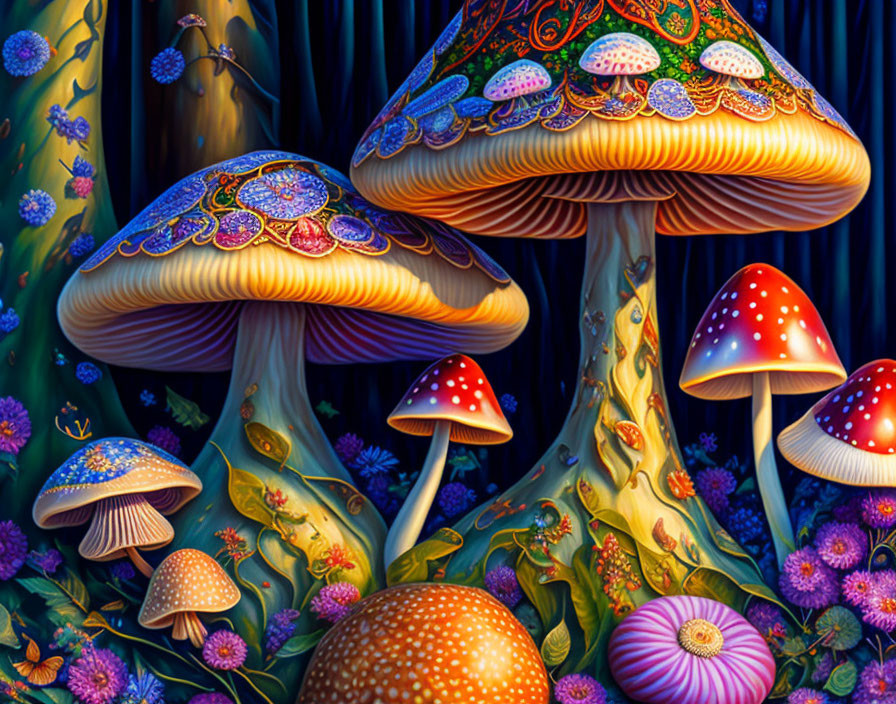 Colorful fantasy mushrooms in enchanted forest with intricate patterns