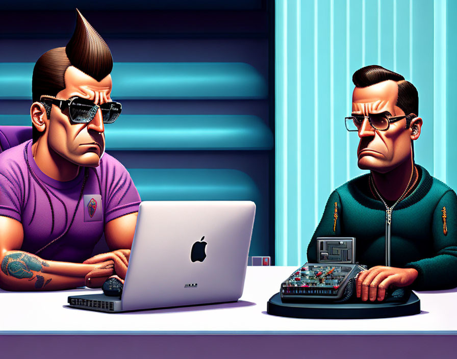 Animated characters with laptop and mixing console in retro style
