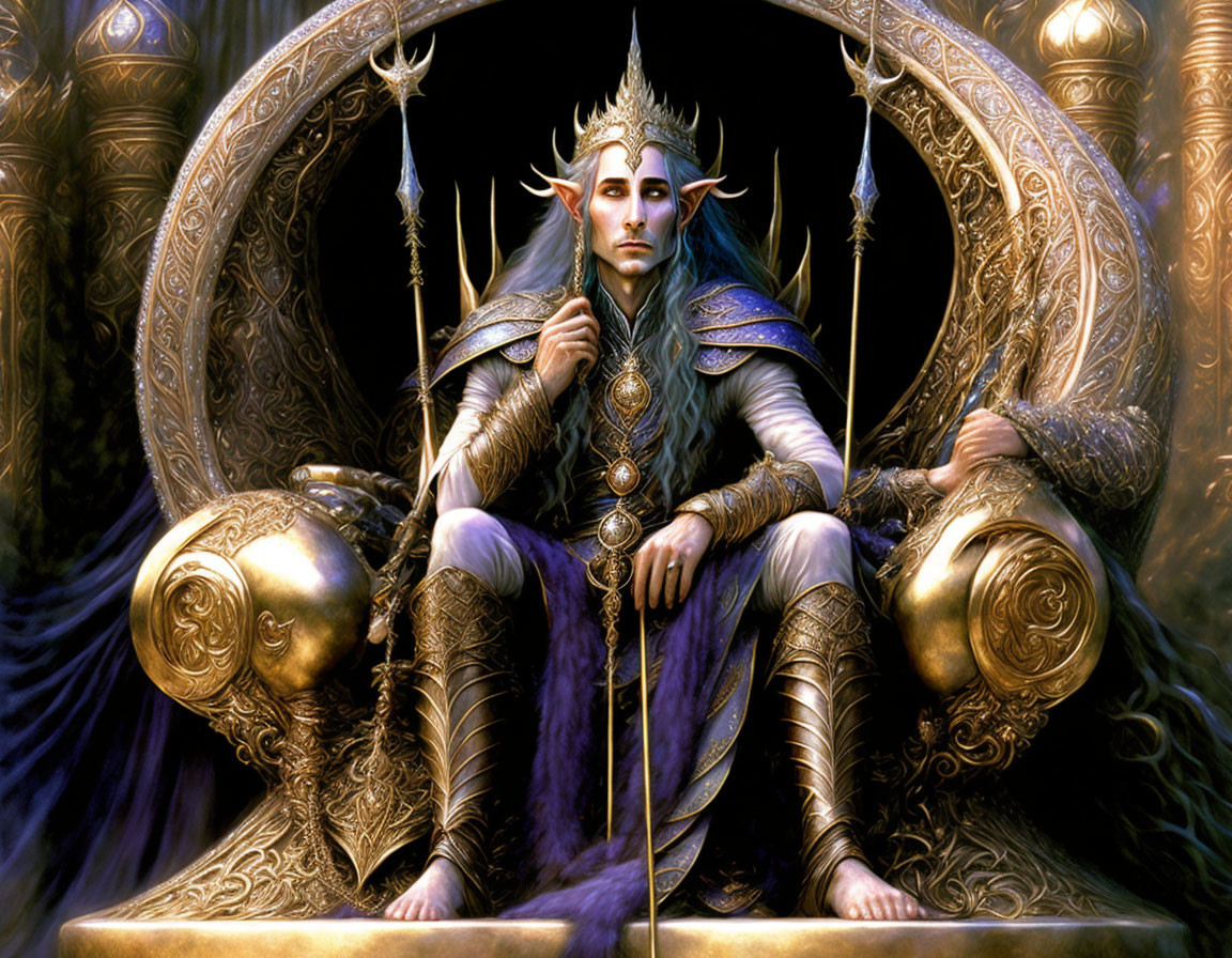 Elven king in regal armor on golden throne with scepter