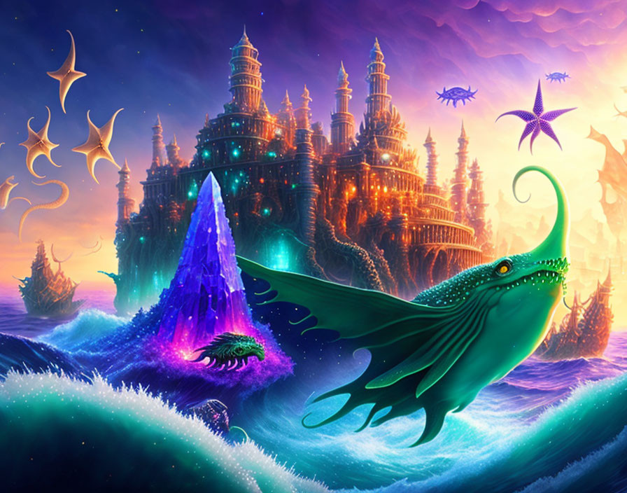 Majestic green creature flying over illuminated castle and ocean waves