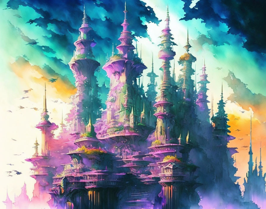 Fantasy cityscape with vibrant spires and domed structures in purple, blue, and pink hues
