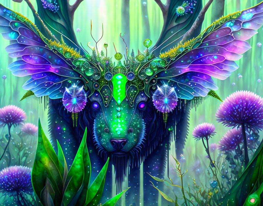 Mystical creature with wolf face and butterfly wings in magical forest