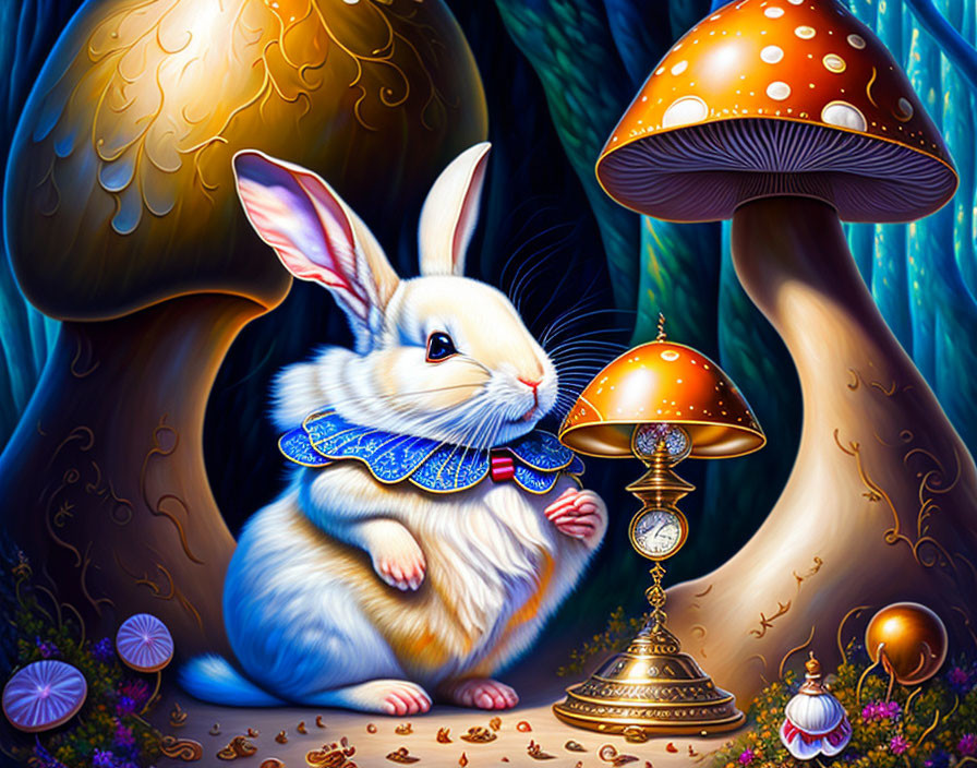Anthropomorphic rabbit with blue ruff near mushroom and vintage lamp in enchanted forest