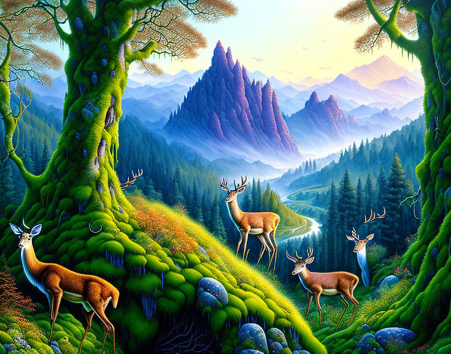 Landscape painting: Deer in lush green forest with red mountains and misty valley