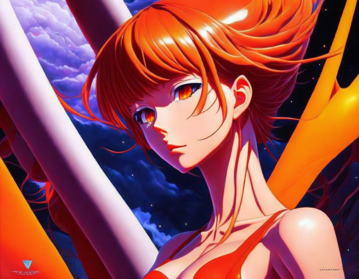 Anime-style female character with orange hair and amber eyes in cosmic backdrop
