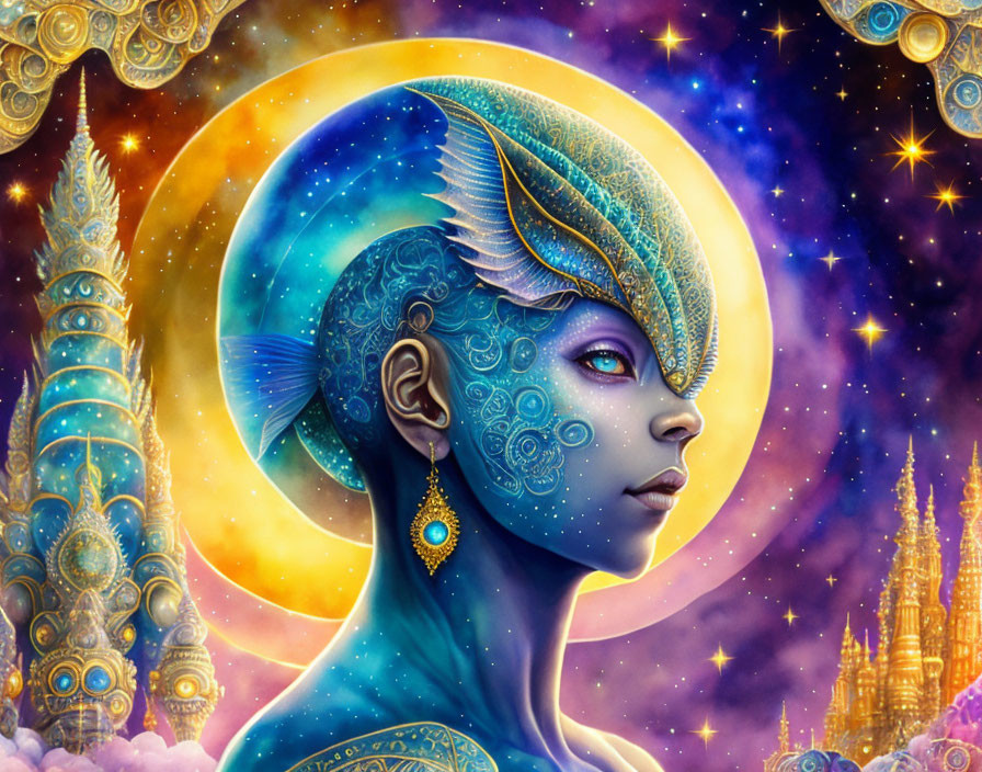Blue-skinned celestial female figure with golden patterns in cosmic setting