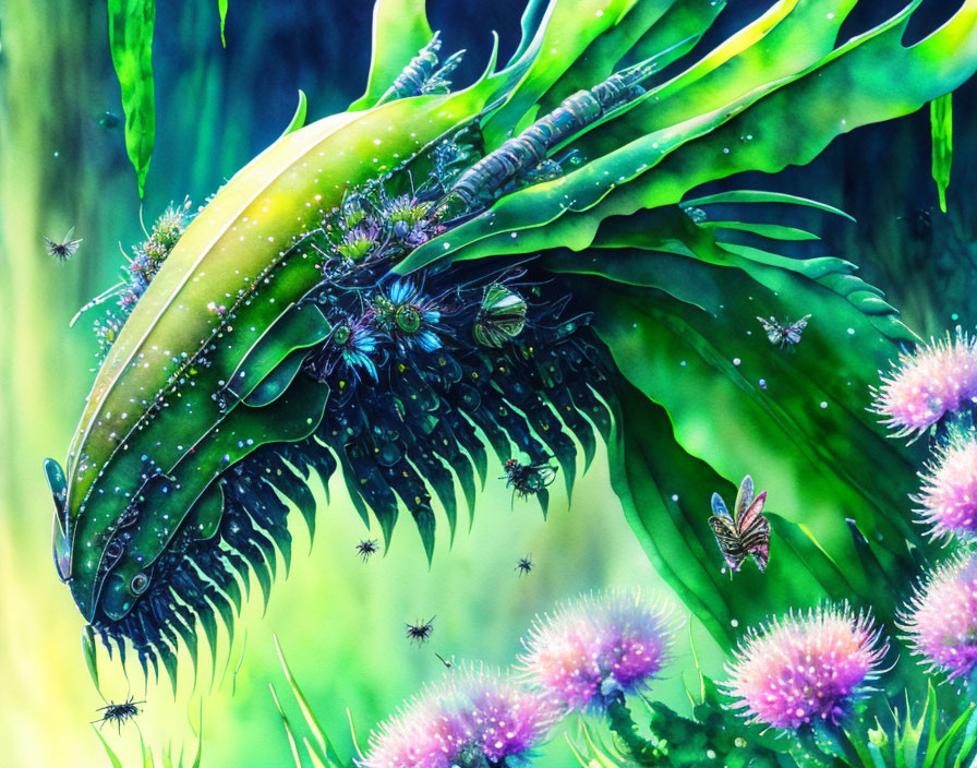 Vibrant digital artwork: Fantastical dragon in lush alien environment