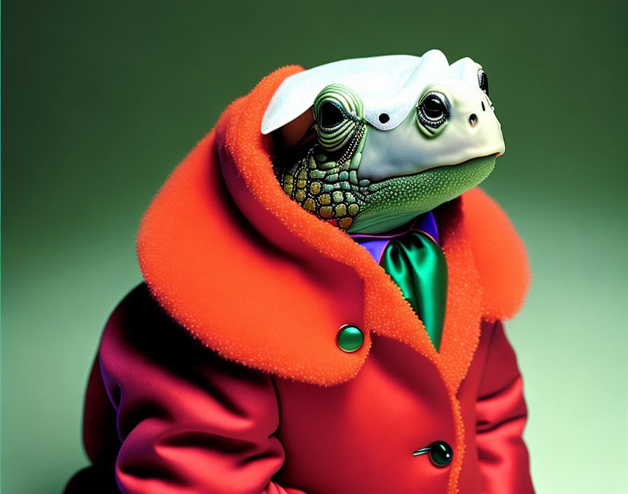 Frog in Humanoid Posture Wearing Stylish Red Coat on Green Background