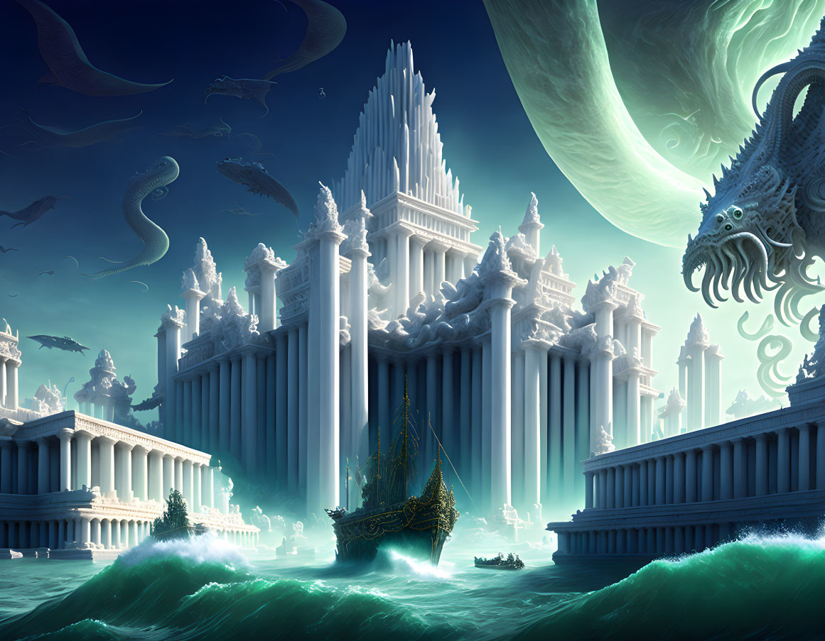 Ancient City with White Towers by the Sea and Sea Creature Emerging