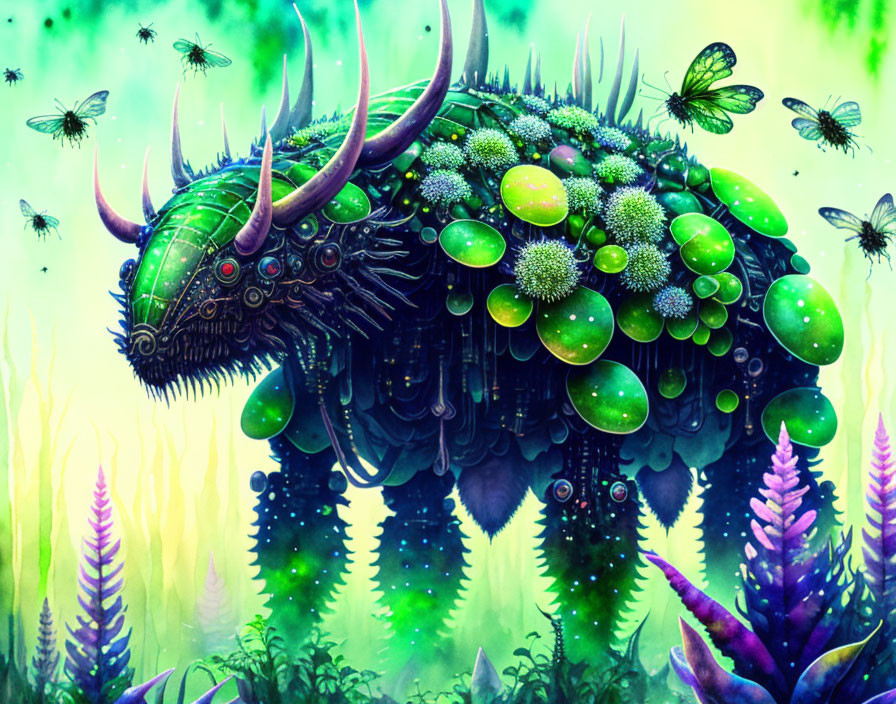 Ornate beetle-like creature in lush forest with butterflies
