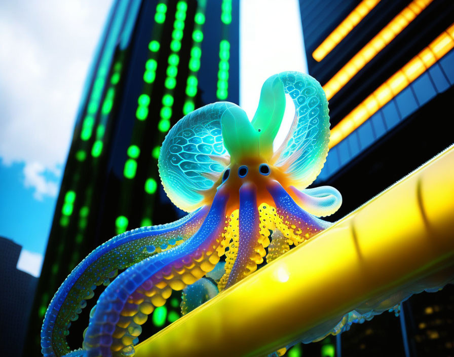 Colorful fantasy octopus with luminescent tentacles and modern skyscrapers.
