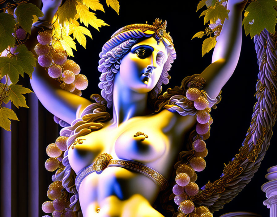 Stylized digital art: Vibrant female figure with classical look and golden accessories, surrounded by foliage