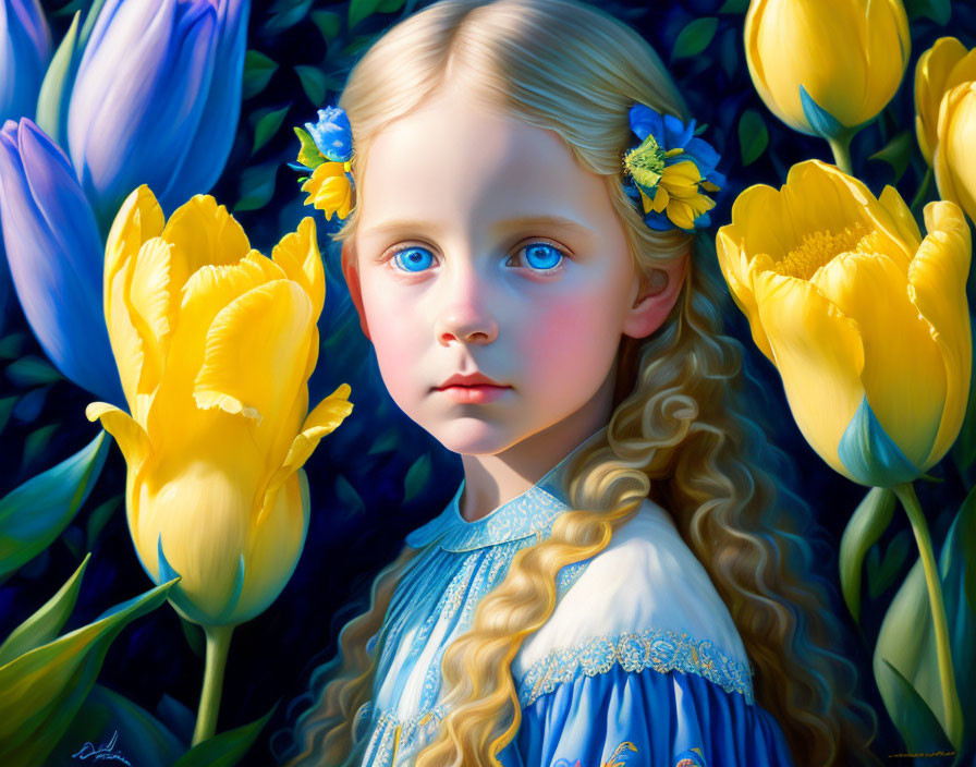 Fair-skinned girl with blue eyes in vintage blue dress among yellow tulips