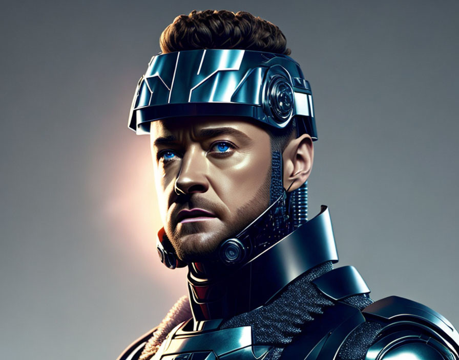 Futuristic armored person with high-tech helmet on gray background