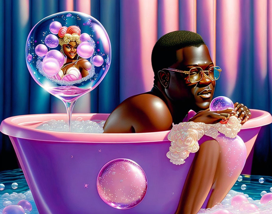 Man in Glasses in Pink Bathtub with Woman in Bubble Above