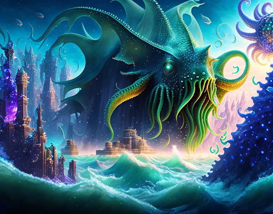 Underwater city with glowing structures and giant green octopus in turbulent waves