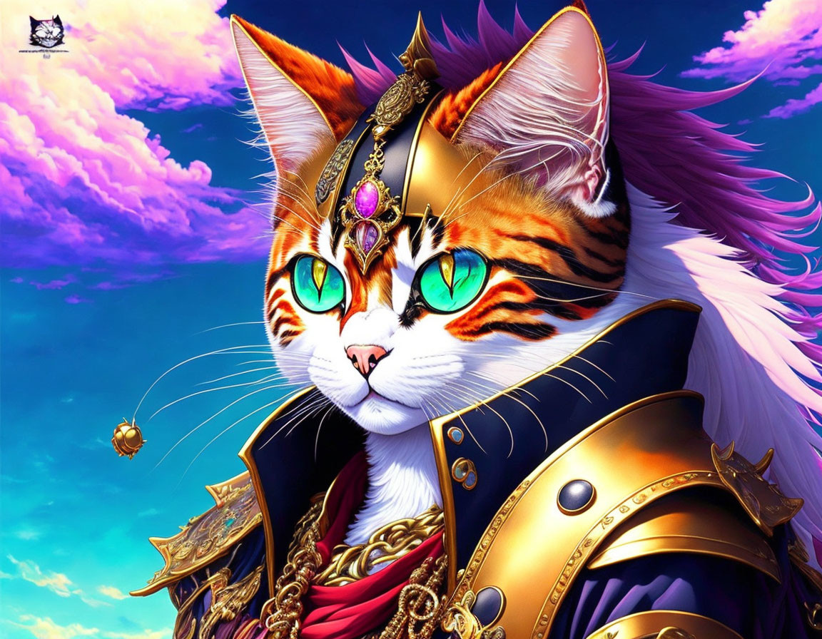 Fantasy cat illustration with armor and crown in vibrant sky