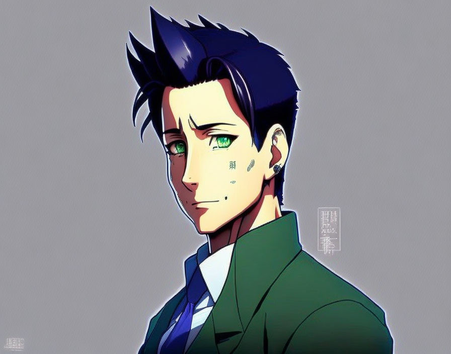 Male character digital art: blue hair, green eyes, facial tattoos, green suit.