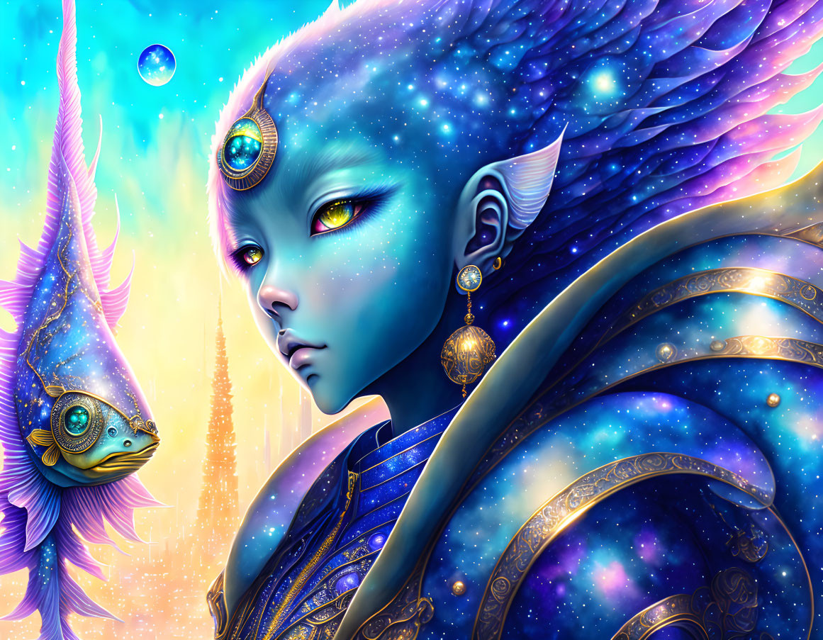 Blue-skinned alien and fish creature in cosmic setting