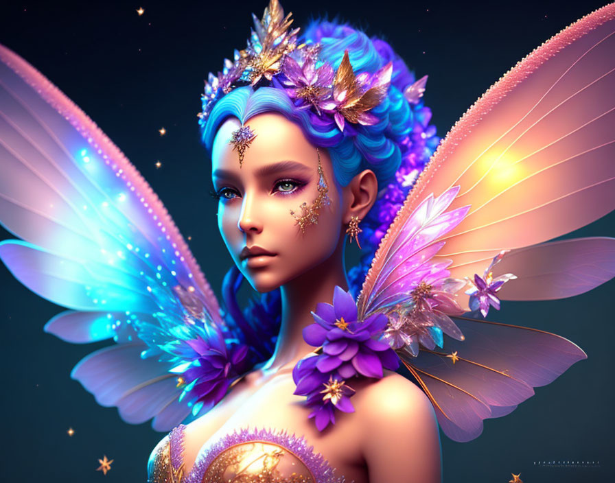 Colorful female figure with butterfly-like wings and jeweled adornments