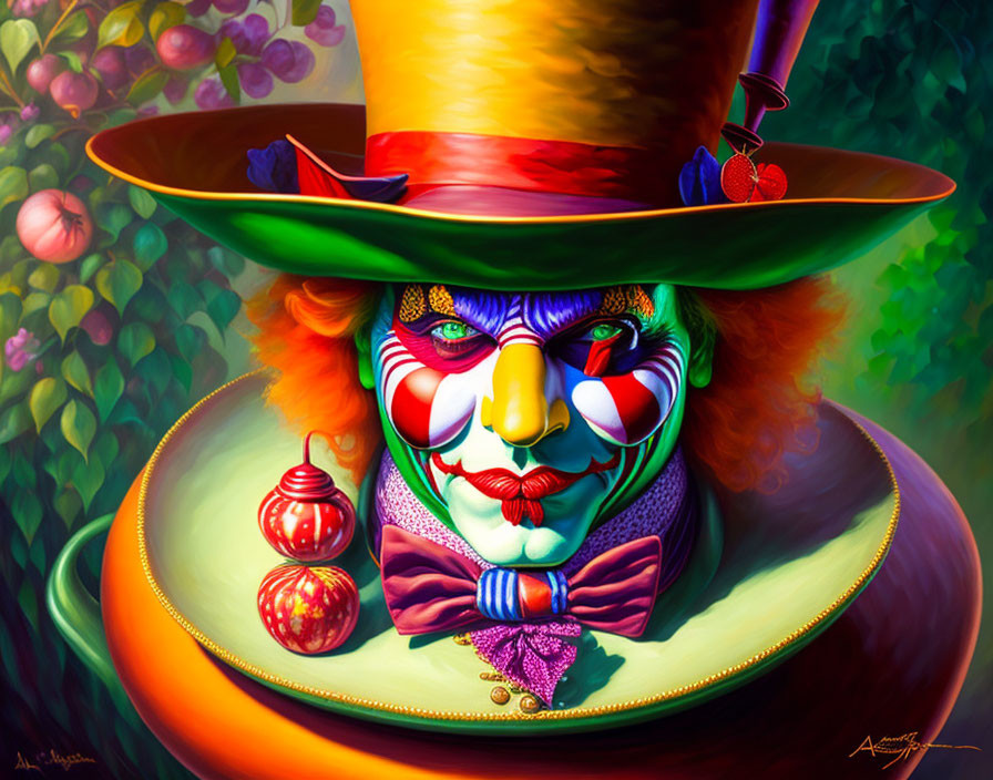 Colorful Clown with Fruit and Flower Adorned Hat in Vibrant Setting