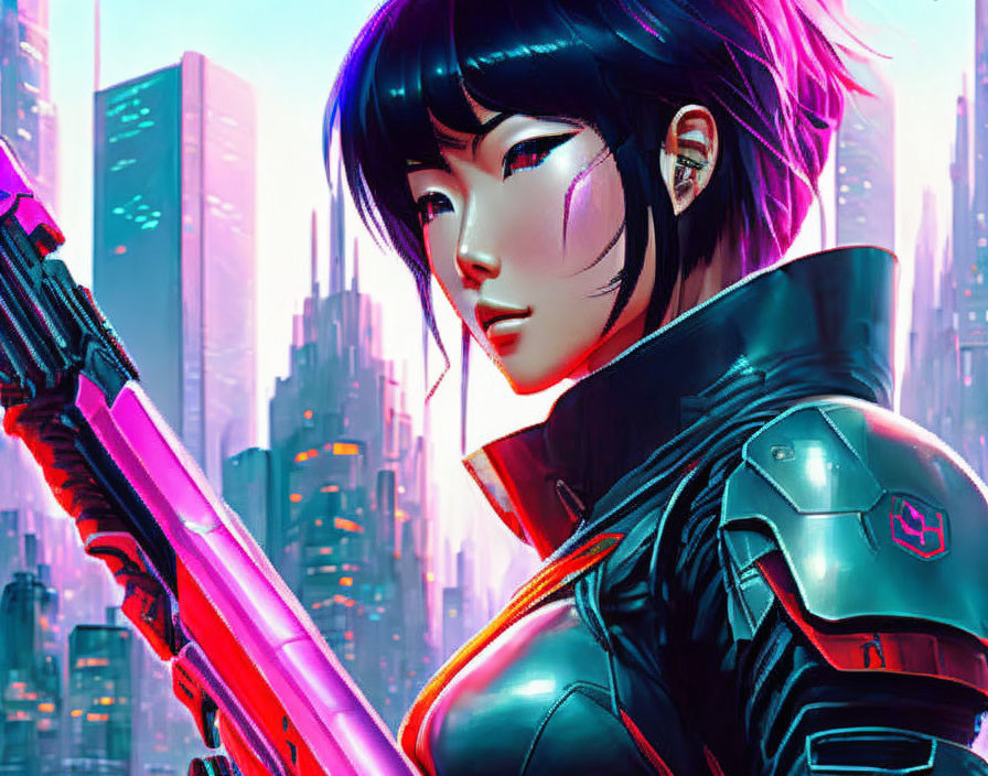 Futuristic female warrior with neon pink rifle in cyberpunk cityscape