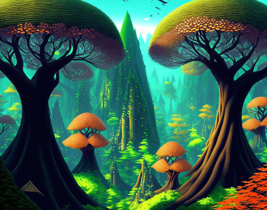 Colorful Fantasy Forest with Oversized Mushrooms and Trees