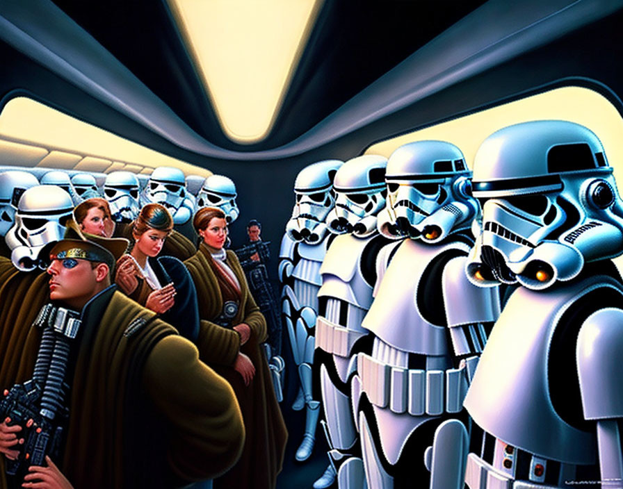 Stormtroopers flanking characters in dramatic spaceship corridor perspective.