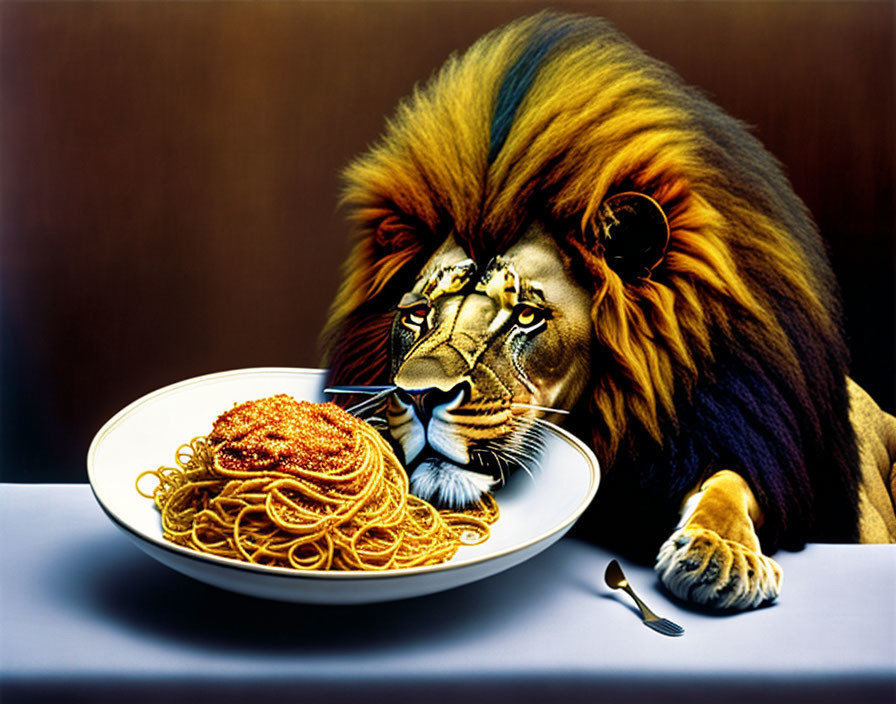 Lion with human-like expression eating spaghetti with tomato sauce